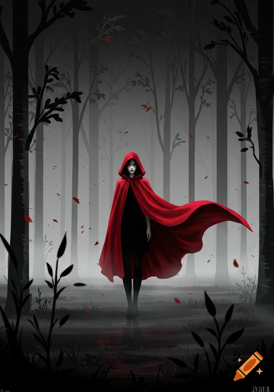 A person in a red hooded cape stands in a dark, misty, minimalistic forest with falling red leaves.