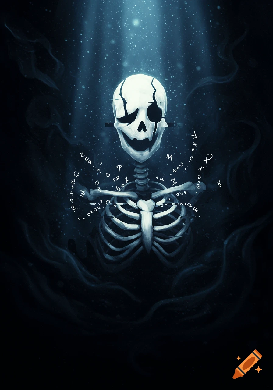A stylized, grinning white skeleton head and ribcage float in a dark, atmospheric void with glowing particles and ethereal mist. Scattered, illegible white characters surround its body. Light beams down from above.
