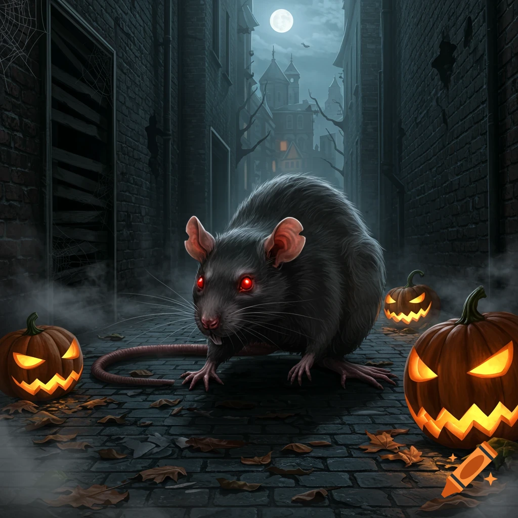 A scary giant rat with glowing red eyes in a dark, foggy alley with glowing jack-o'-lanterns and a full moon.