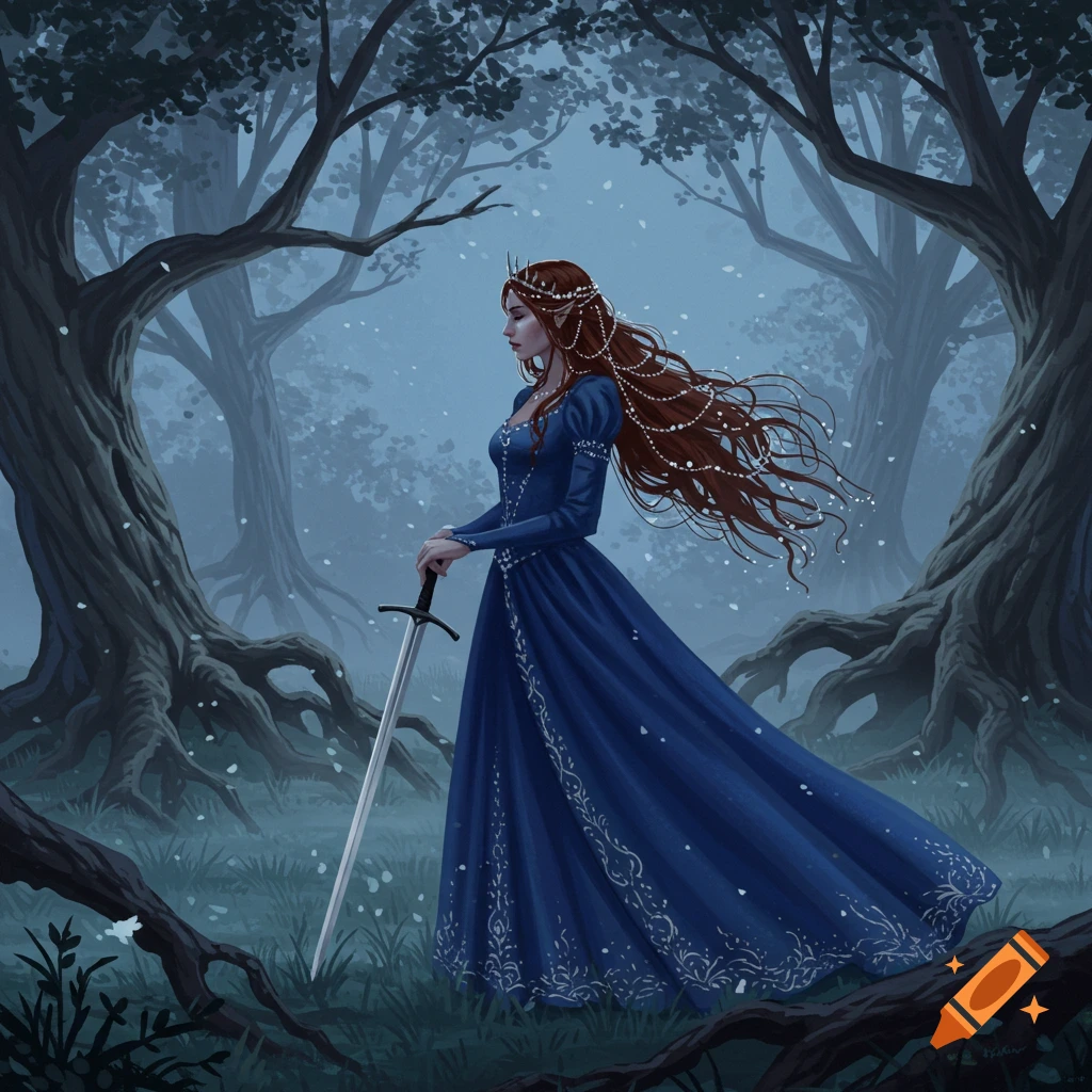 A red-haired princess in a blue gown and crown holds a sword in a misty, dark forest. Fantasy illustration.