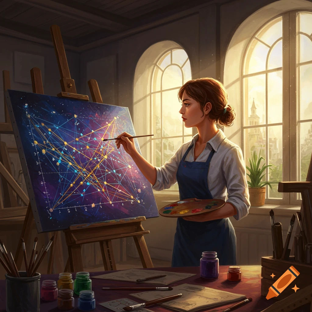 A woman in a blue apron paints a vibrant, complex graph on a canvas in a bright art studio with large arched windows.