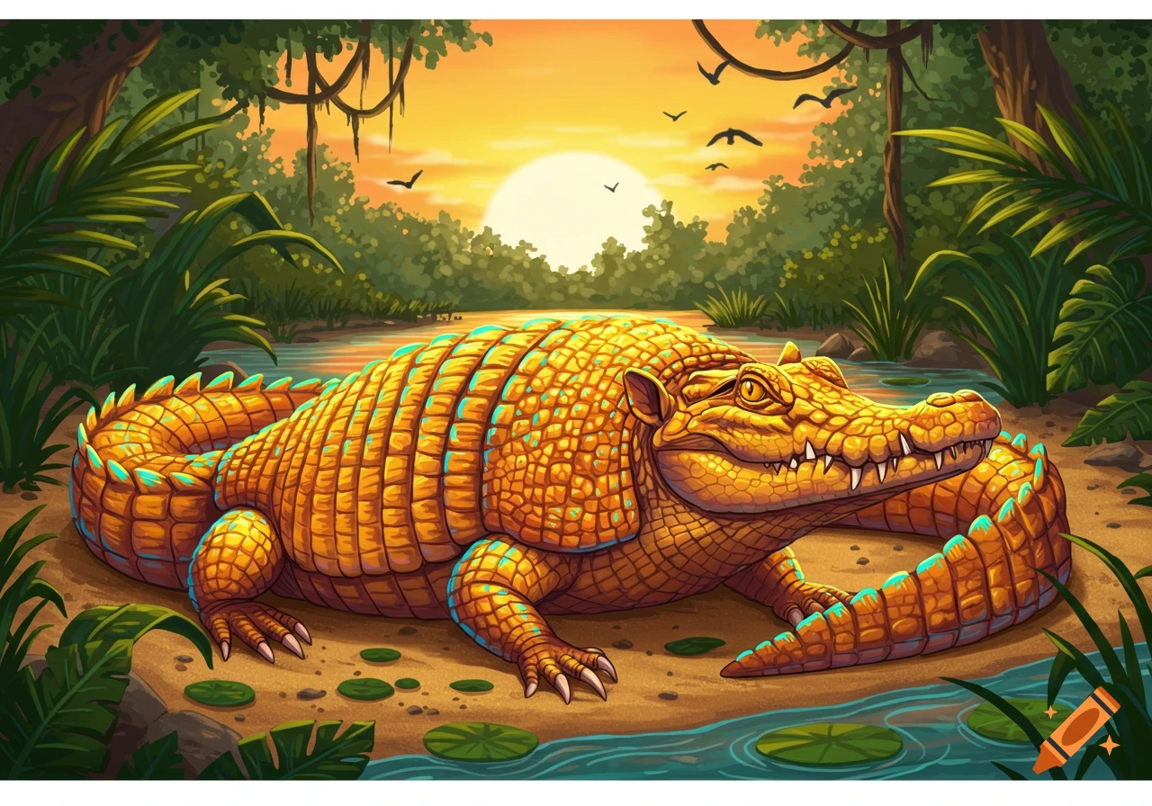 Stylized illustration of a large golden crocodile resting on the bank of a river in a lush jungle at sunset.