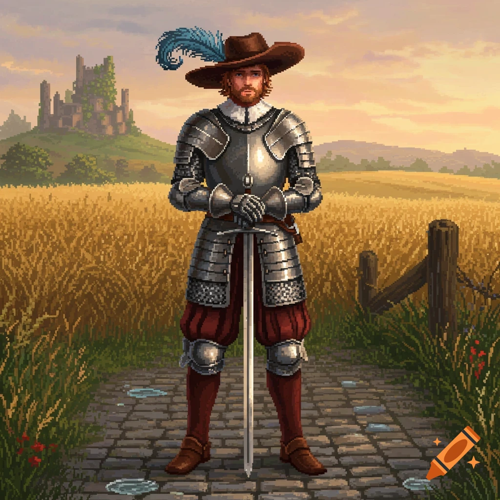 Pixel art of an English swordsman in armor and a feathered hat, standing with a sword on a path in a wheat field with a ruined castle at sunset.