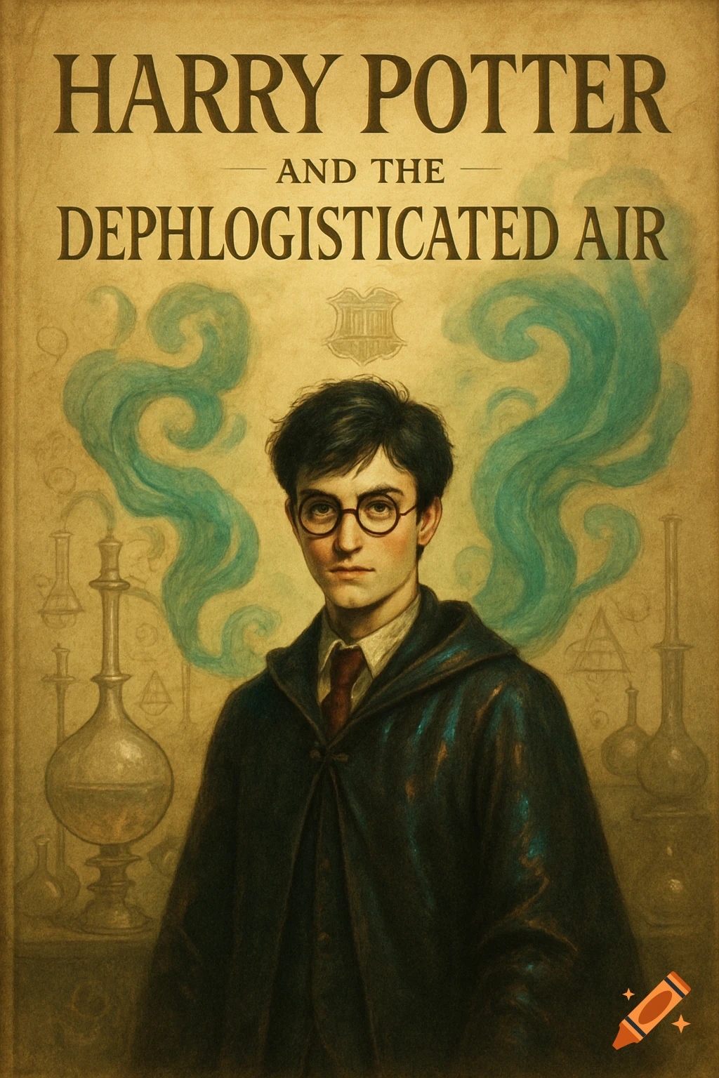 A vintage-style book cover for "Harry Potter and the Dephlogisticated Air" featuring Harry Potter with round glasses in a dark cloak, with beakers and green smoke in the background.
