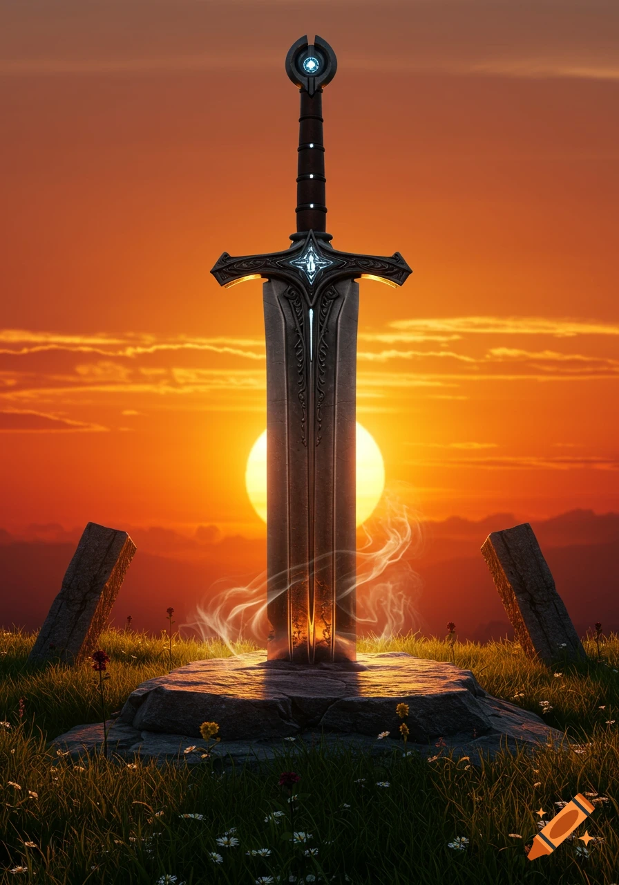 An ornate fantasy sword glowing blue, plunged into a stone pedestal in a grassy field at sunset, with leaning monoliths.