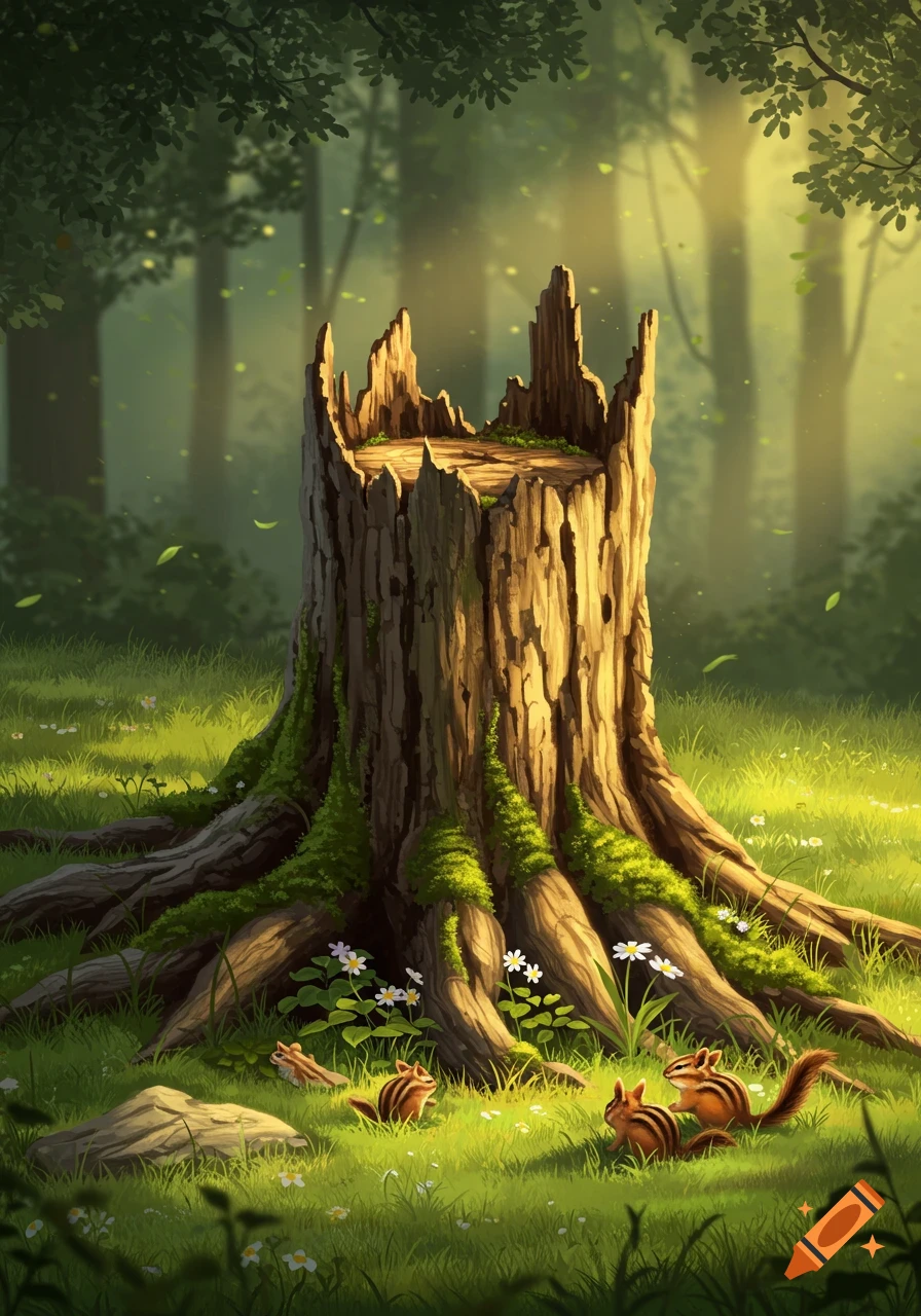 A stylized forest scene with a large sunlit mossy tree stump surrounded by white flowers and three chipmunks on green grass.