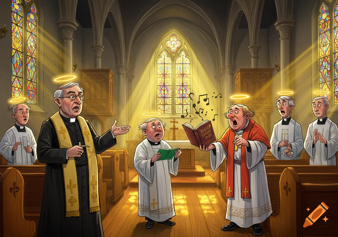 Cartoon priests in a church, one singing loudly from a book while others react with surprise, sunlight through stained glass.