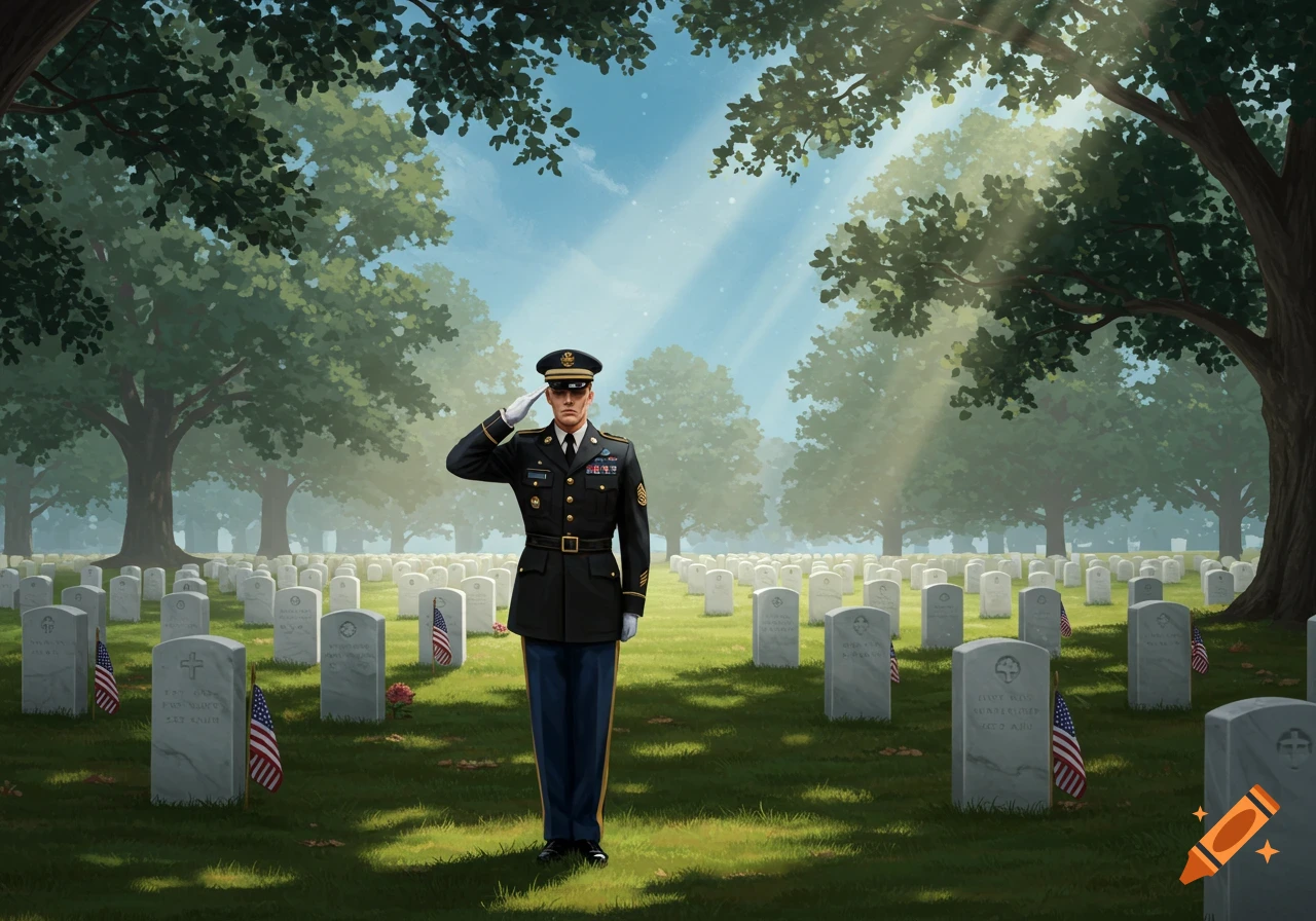 An American soldier in uniform salutes in a military cemetery filled with gravestones and small US flags, bathed in sunlight.