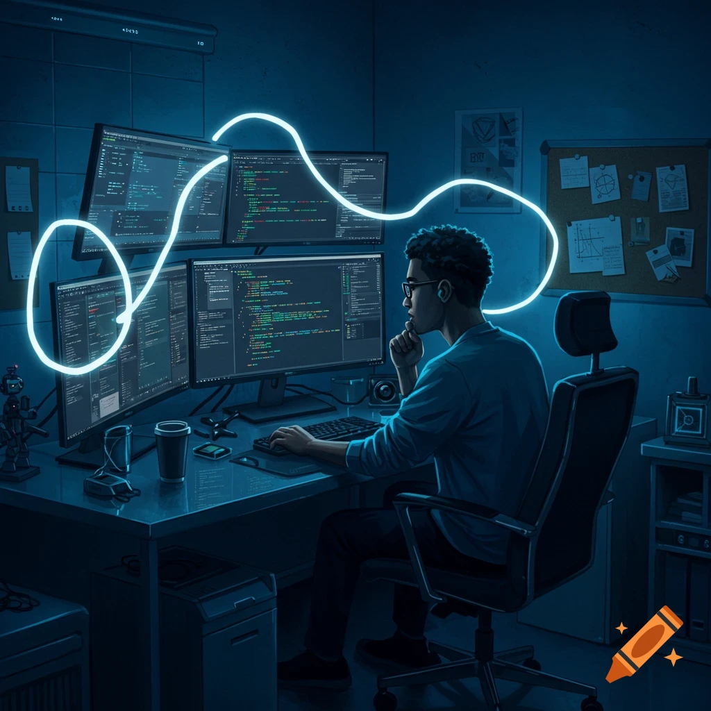 A computer scientist with glasses works at a multi-monitor desk in a blue-lit room, surrounded by code and glowing lines.