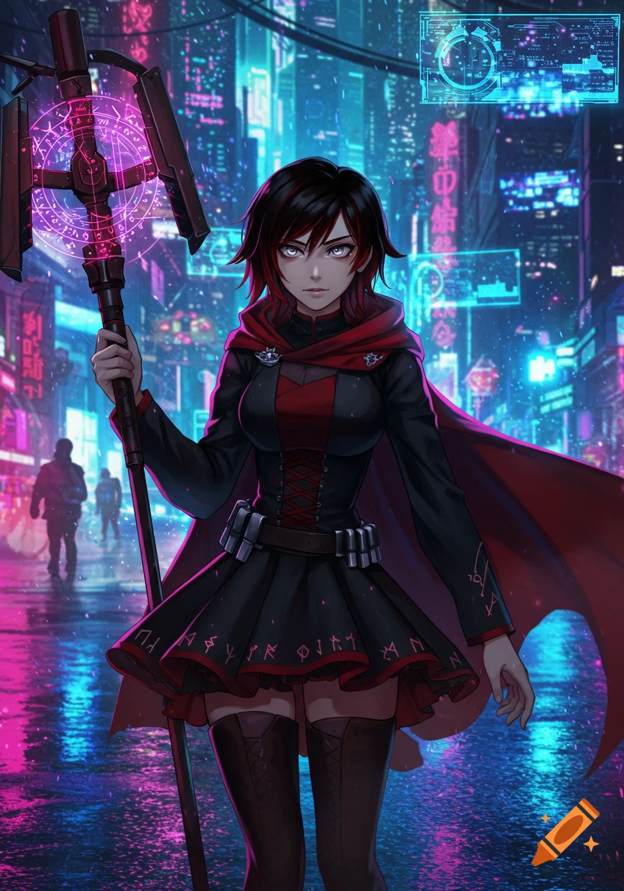 Anime girl, Ruby from RWBY, with a glowing staff in a neon-lit cyberpunk city at night, with distorted text on signs.
