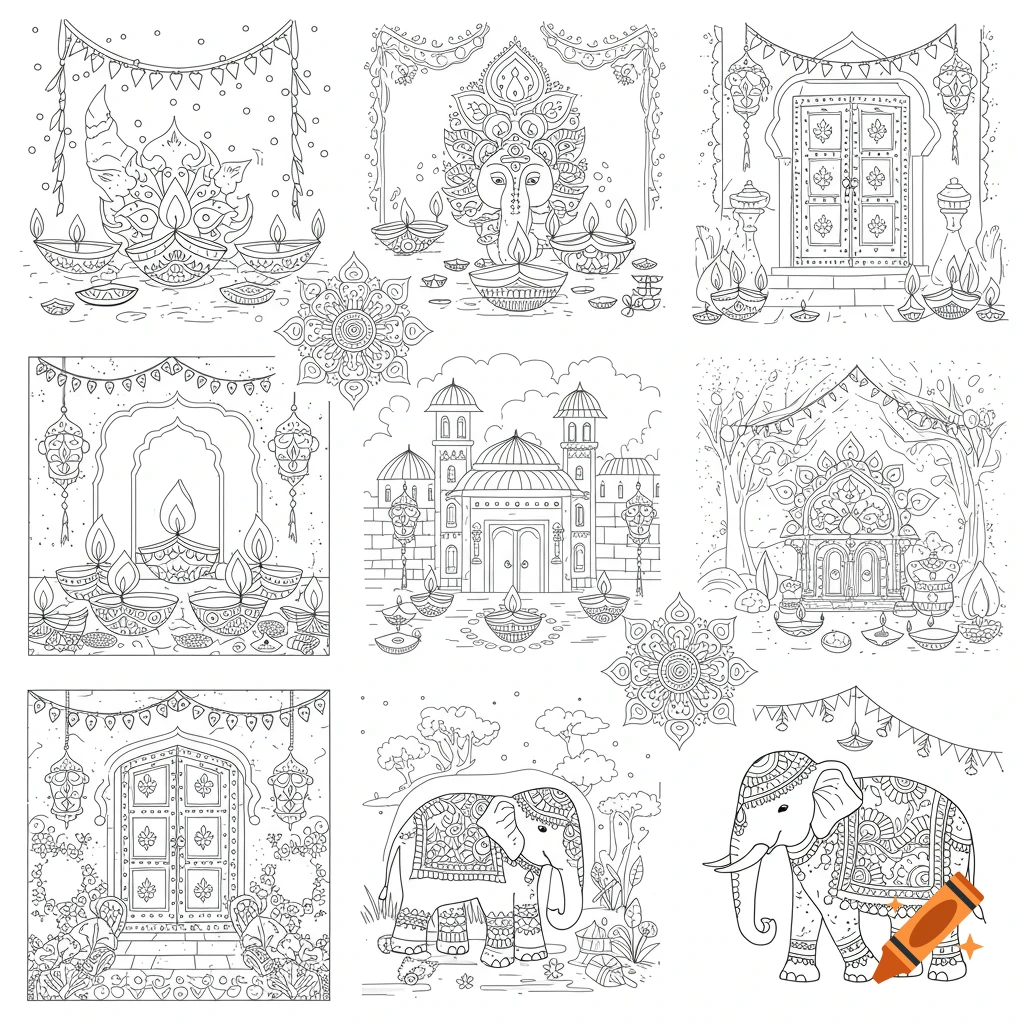 A grid of black and white Diwali-themed coloring page illustrations, featuring Ganesha, elephants, temples, diyas, and mandalas.