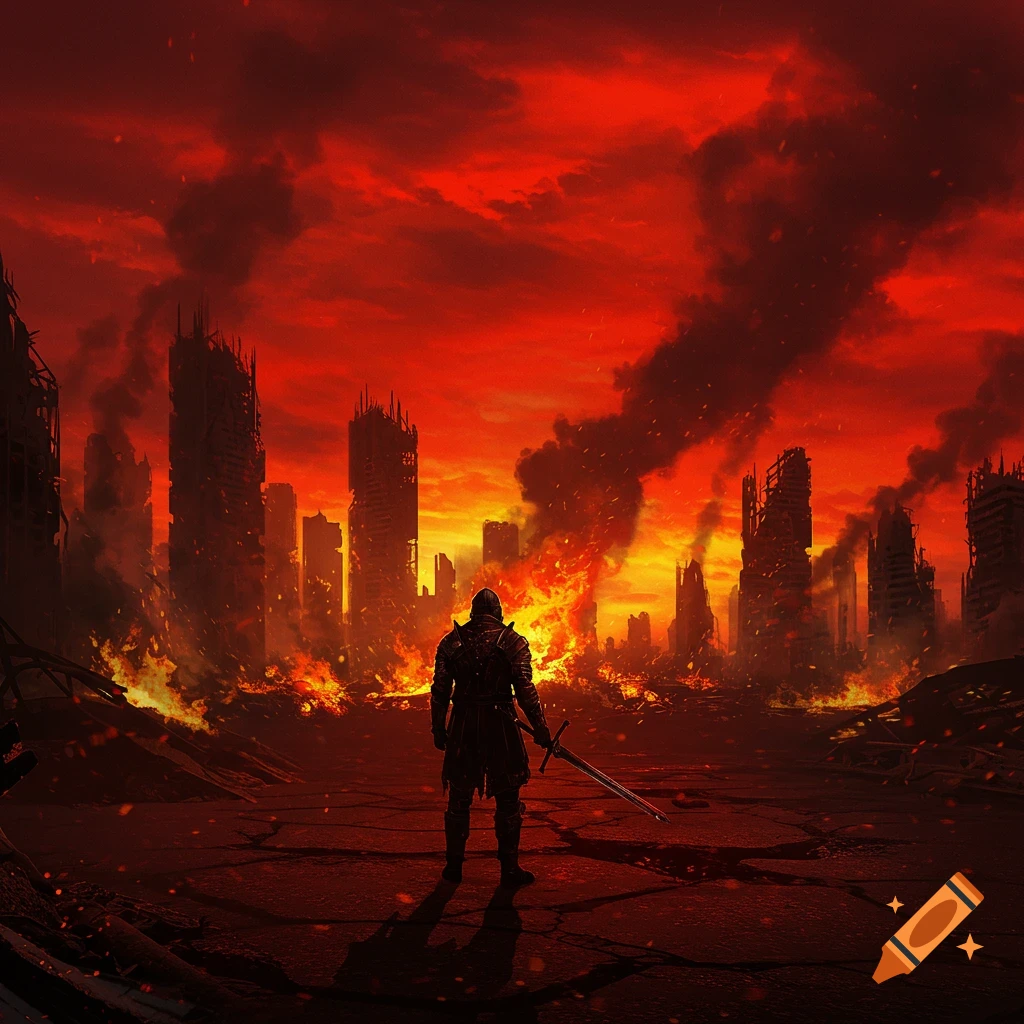 Armored knight stands with a sword in a ruined, burning city under a fiery red sky, dark fantasy art.