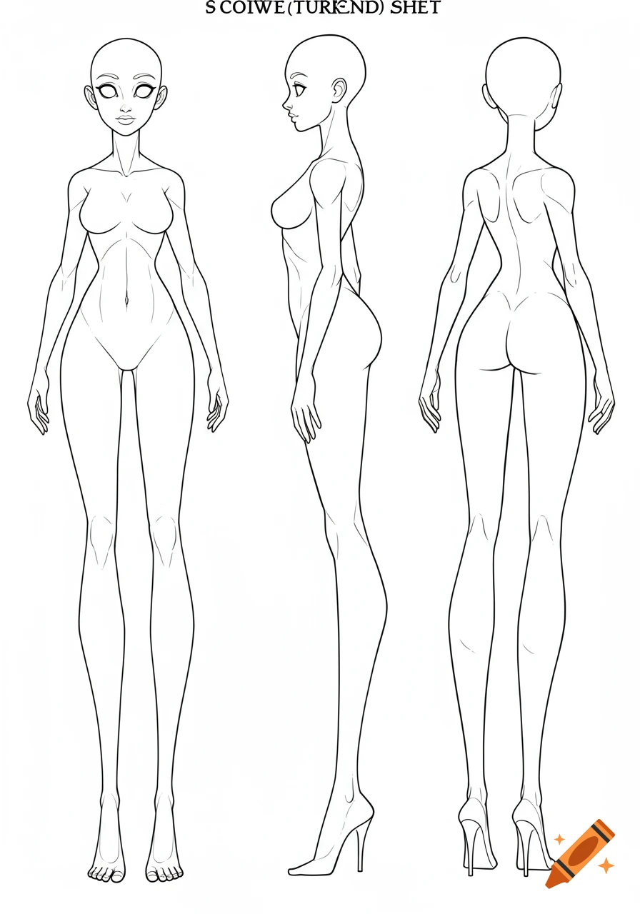 Black and white line art turnaround sheet of a stylized bald female character in comic book style, showing front, side, and back views.