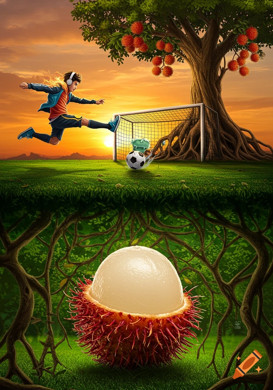 Illustrated boy with headphones and a fiery aura kicking a soccer ball towards a tree-root goal at sunset, with a rambutan tree and a giant rambutan fruit underground.