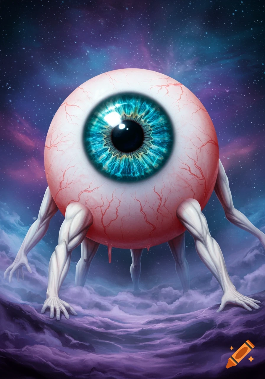 A giant sentient eyeball with muscular humanoid arms and legs stands on purple clouds in a starry space.