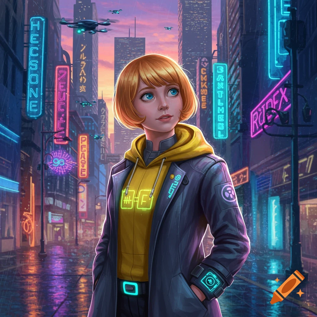 A young woman with short ginger hair and blue eyes stands in a rainy, neon-lit cyberpunk city at sunset, wearing a yellow hoodie and a dark jacket.