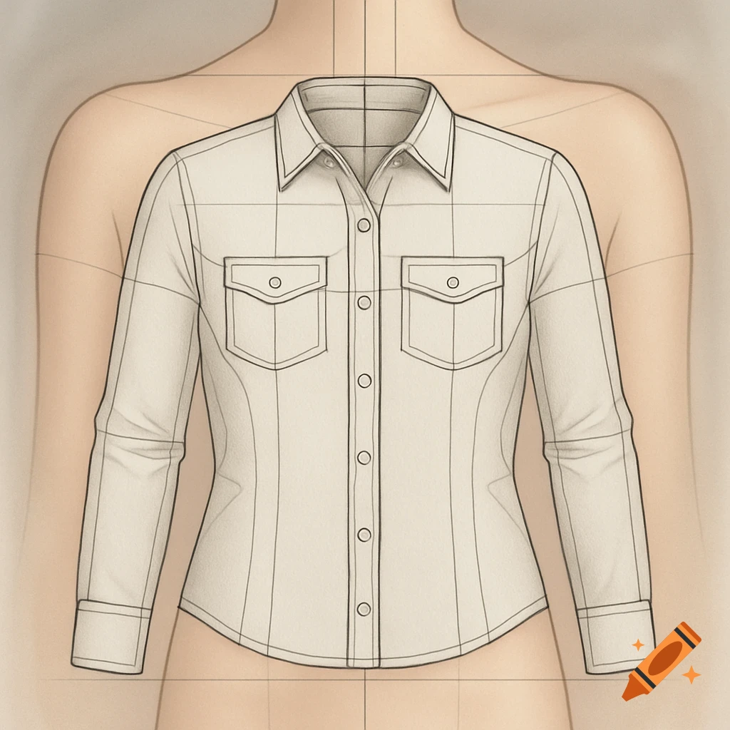 Technical drawing of a long-sleeved, button-up shirt template with pockets, overlaid on an abstract torso.