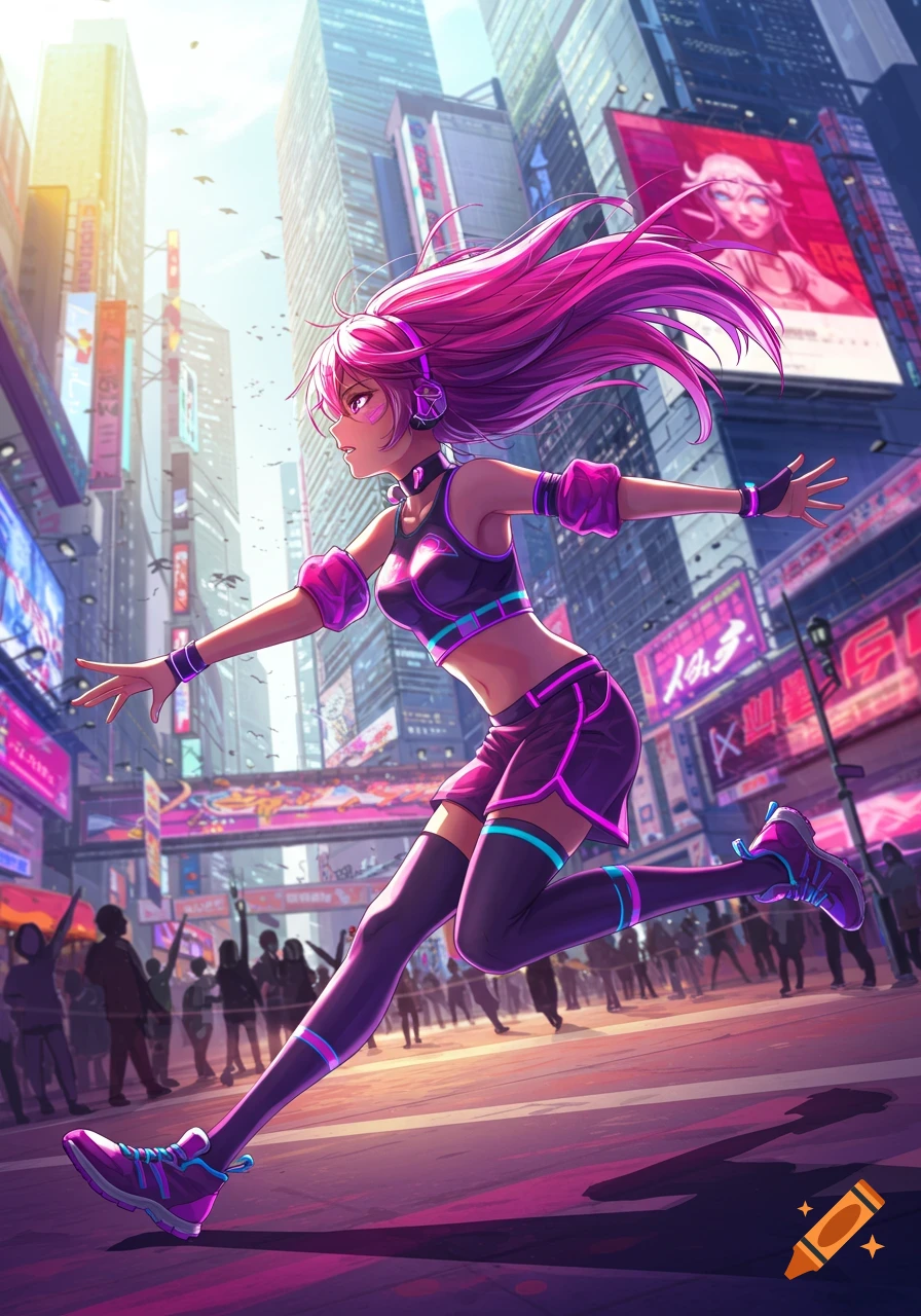 Anime girl with pink hair runs through a vibrant cyberpunk city street, wearing a sporty purple and teal outfit.
