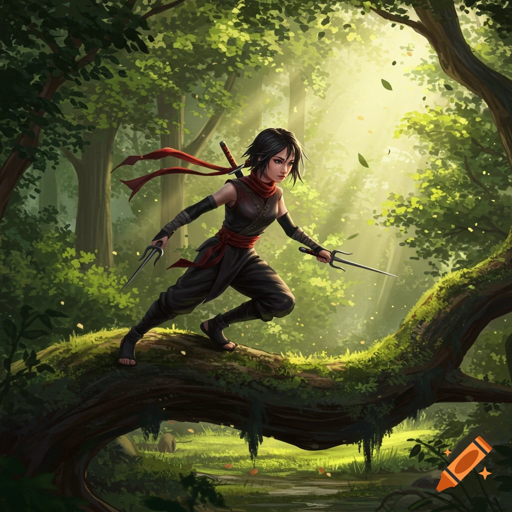 A girl ninja with daggers crouches on a mossy tree branch in a sunlit forest, digital painting.