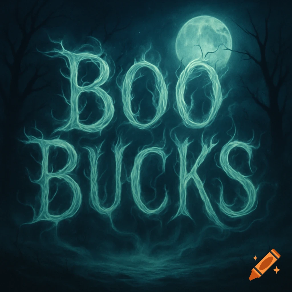 Spooky glowing 'BOO BUCKS' text made of roots, under a full moon with bare trees.