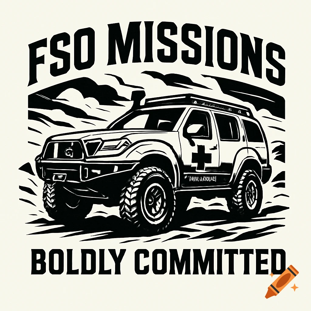 Black and white logo of a stylized off-road vehicle with a medical cross, 'FSO MISSIONS' above, 'BOLDLY COMMITTED' below.