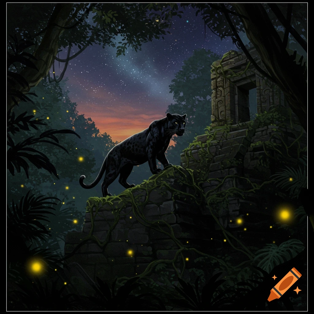 A black panther stands on mossy ruins in a lush, dark jungle filled with fireflies under a starry night sky with a sunset glow.