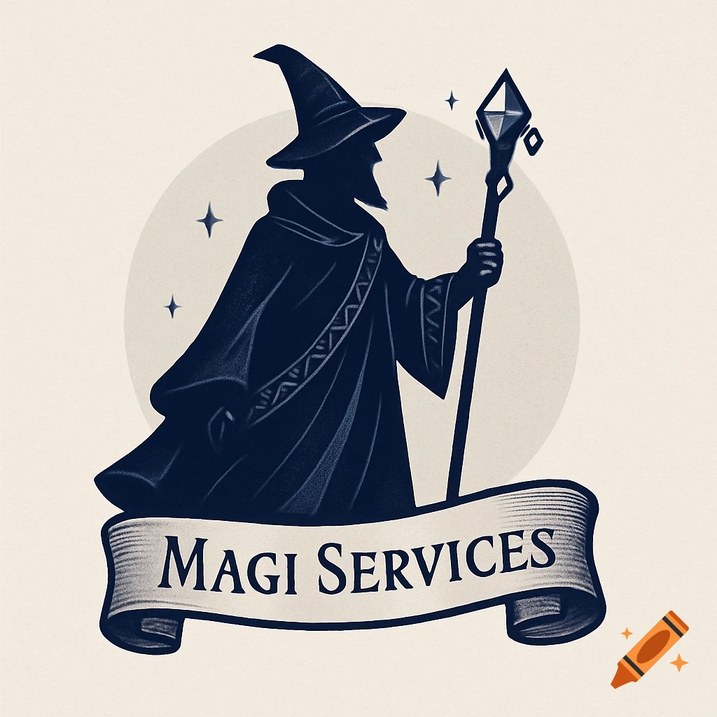 A dark silhouette of a wizard holding a staff with a gem, against a light circle with stars, above a banner reading 'MAGI SERVICES'. Logo design.