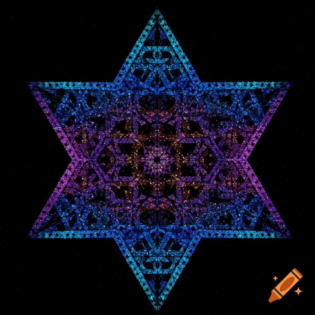 An intricate geometric star pattern glows with a gradient of blue, purple, and orange against a dark, starry background.