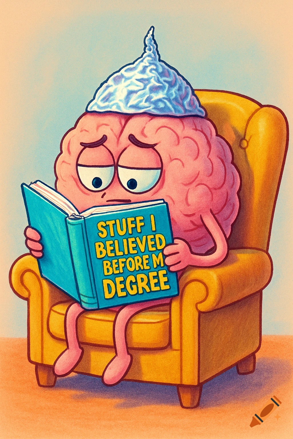 A cartoon brain wearing a tin-foil hat sits in a chair, reading a book titled 'Stuff I Believed Before M Degree'.