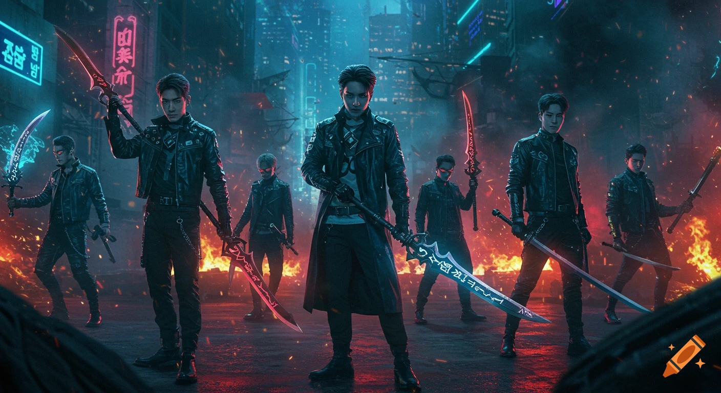 Seven men in dark leather cyberpunk outfits hold glowing swords in a neon-lit, fiery city.