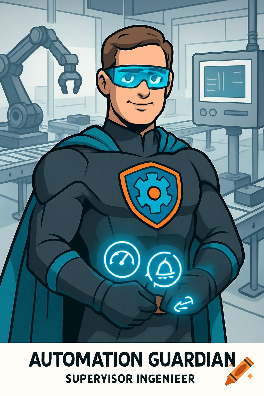 A cartoon superhero engineer in a dark blue suit with a teal cape and glowing visor stands in a factory, displaying glowing blue icons.