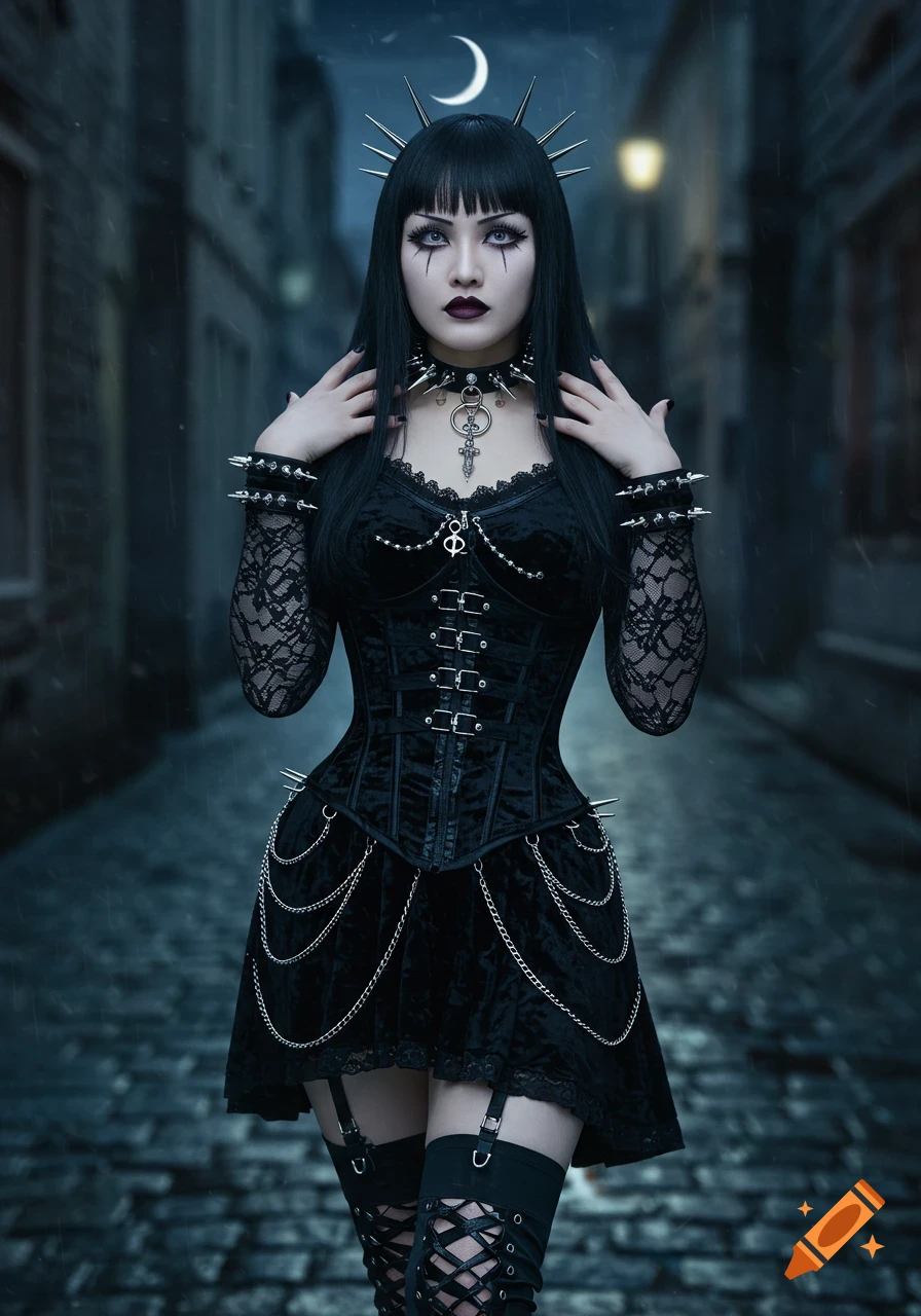 A Goth woman in a black velvet corset and spiked accessories stands in a dark, cobblestone street under a crescent moon.
