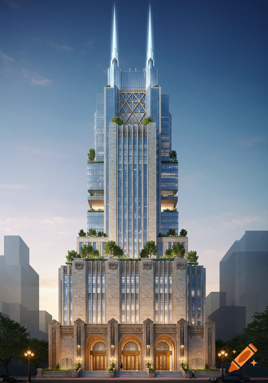 Photorealistic skyscraper blending classical and modern architecture, with a limestone base, glass walls, sky gardens, and glowing spires.