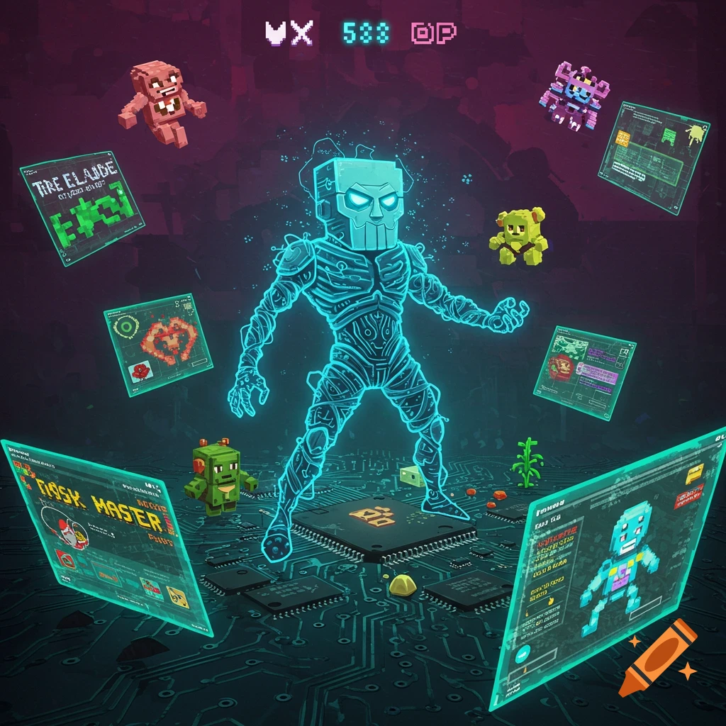 A glowing blue skeletal robot stands on a circuit board, surrounded by floating pixelated monsters and holographic screens displaying game-like interfaces.