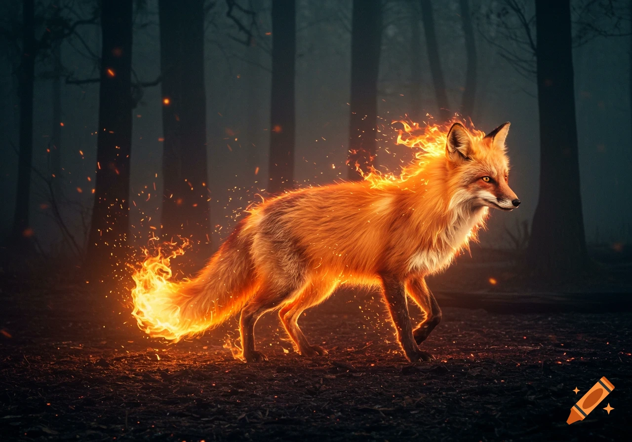 A photorealistic fiery fox walks through a dark, misty forest at night, its fur and tail engulfed in flames.