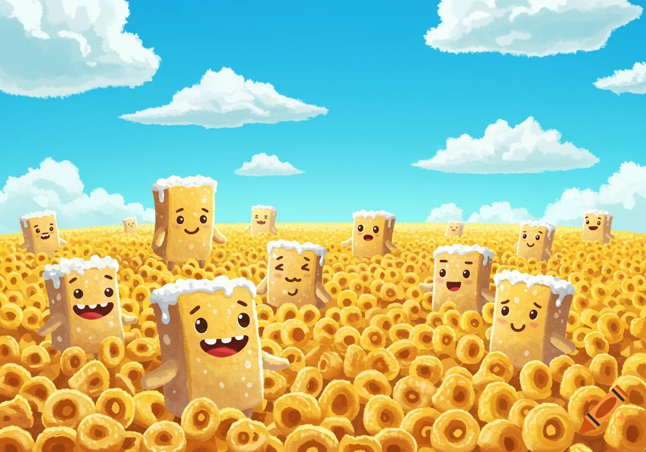 Cartoon anthropomorphic frosted mini-wheats with various expressions stand in a field of round cereal under a bright blue sky.