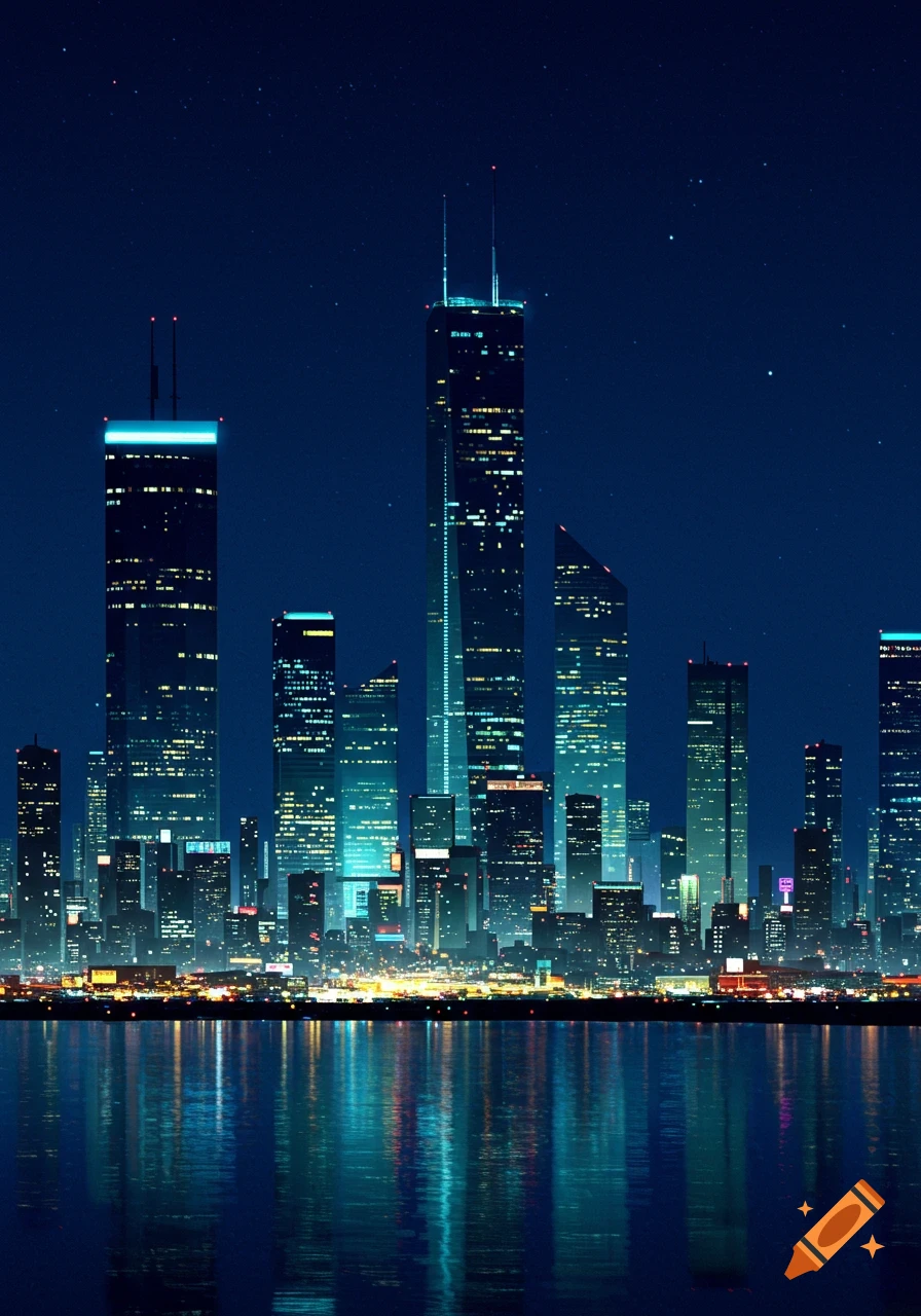 A vibrant city skyline at night, with towering skyscrapers illuminated by numerous lights, reflected in the dark water below.