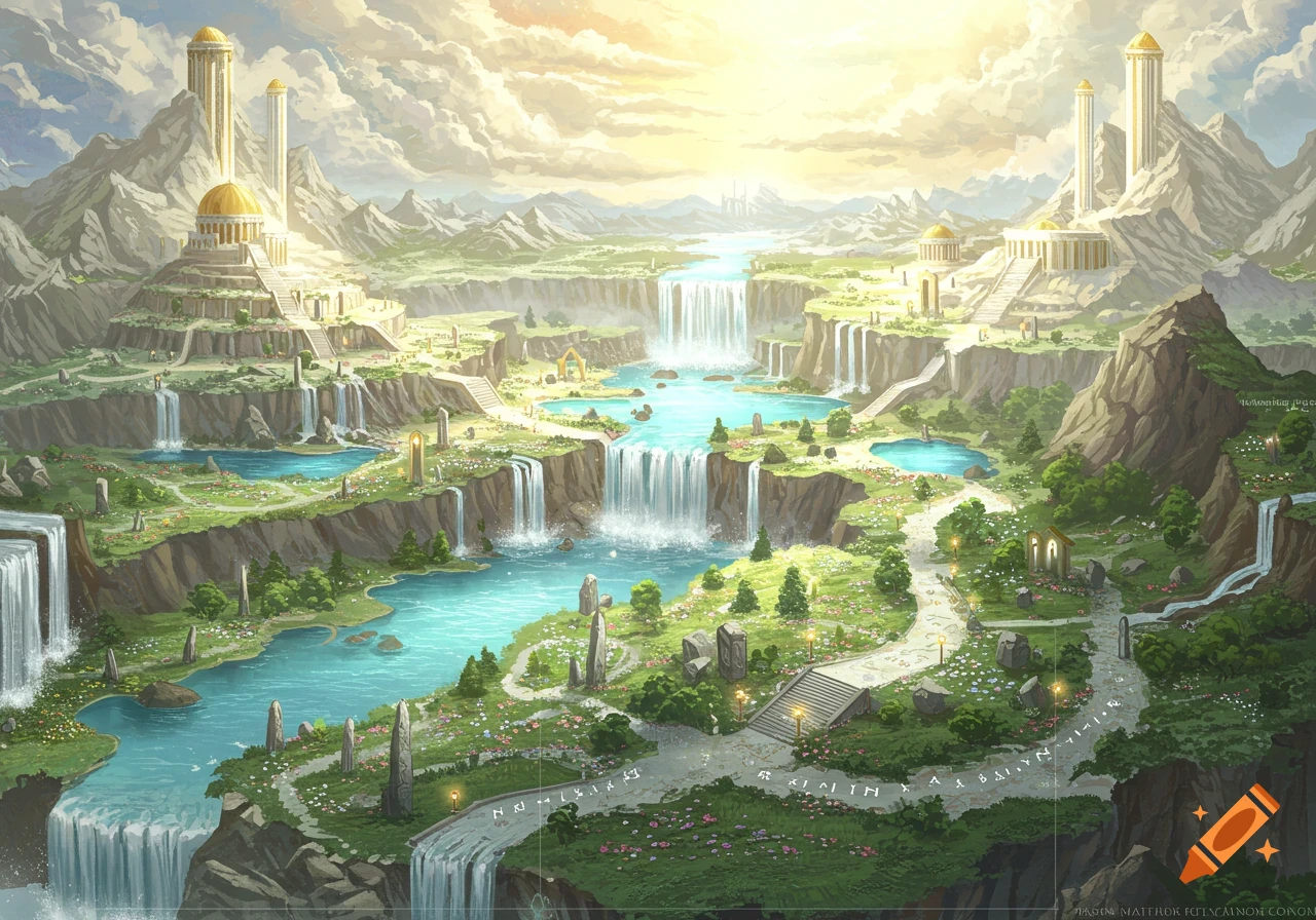 A vibrant fantasy landscape depicting Mount Celestia with grand golden-domed buildings, numerous waterfalls, and lush green tiered valleys under a bright sky.