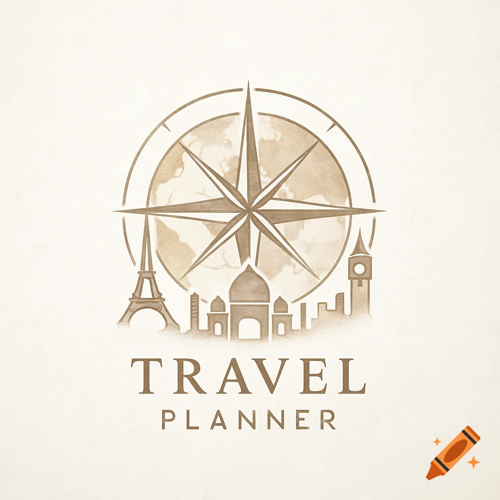 Sepia-toned travel logo with a compass rose, globe outline, and silhouettes of landmarks like the Eiffel Tower and Big Ben, with 'TRAVEL PLANNER' text.