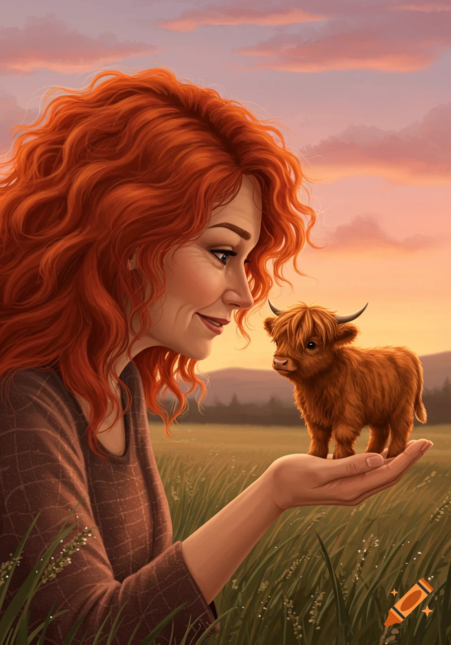 Curly red-haired woman smiling at a tiny highland cow in her hand, against a sunset field, digital art.