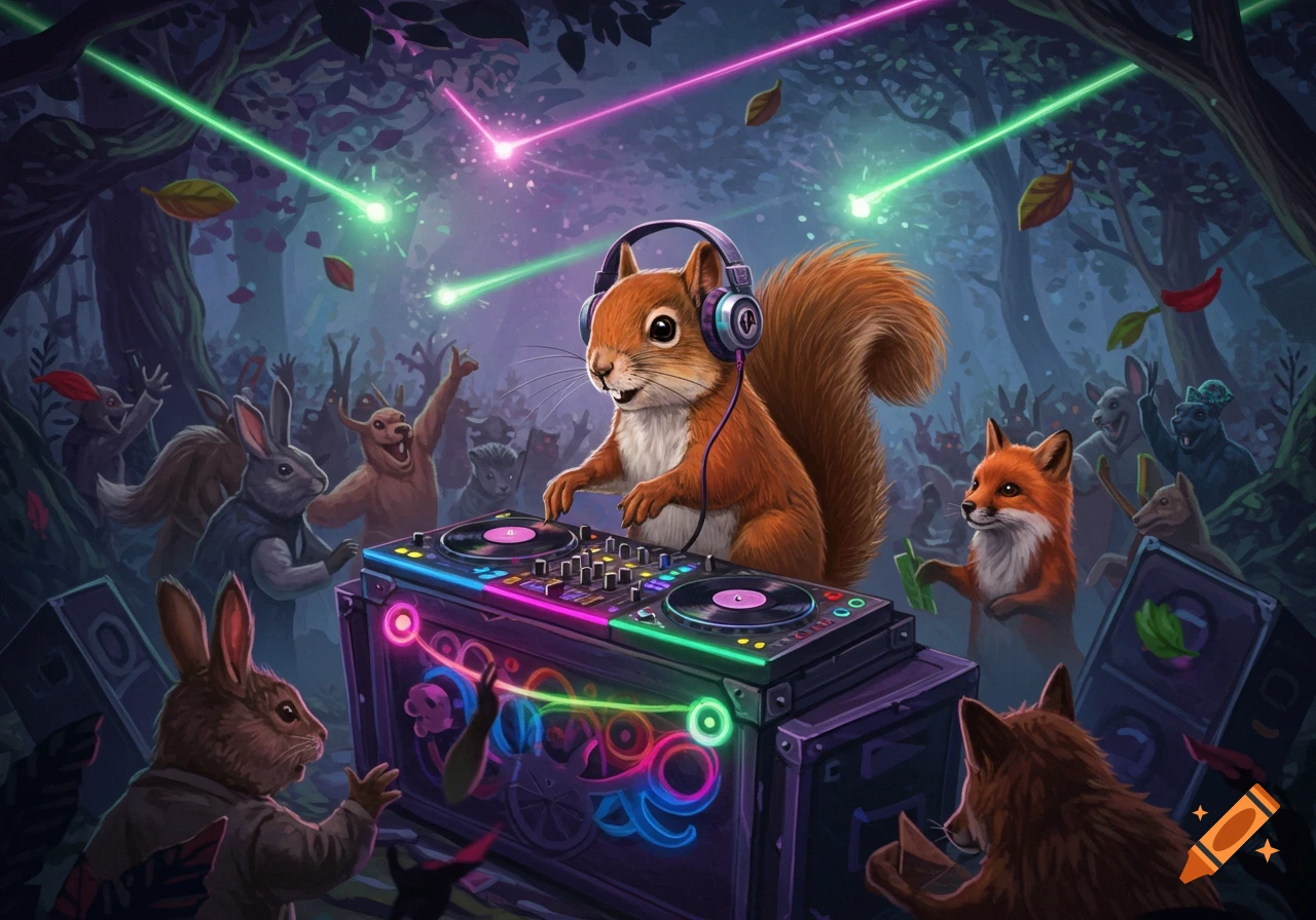 A cartoon squirrel DJing in a magical forest rave with rabbits and foxes dancing under neon lasers.