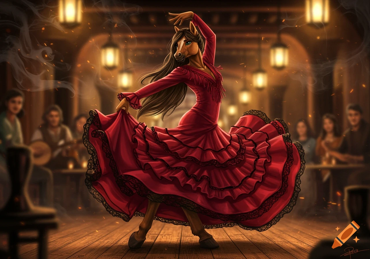 An anthropomorphic horse flamenco dancer in a ruffled red dress on a wooden stage, with a blurred audience in the background.