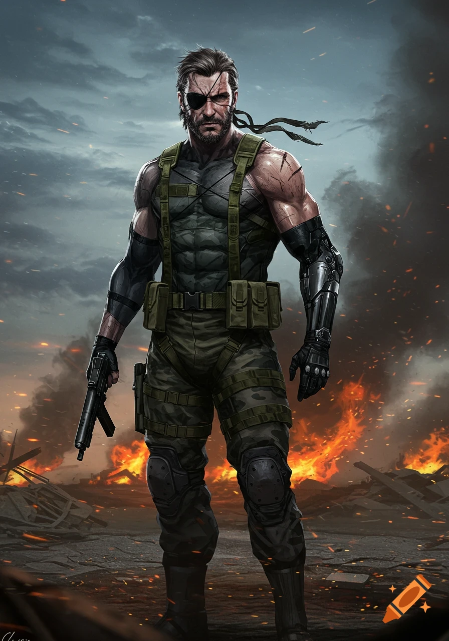 Venom Snake, a muscular man with an eyepatch and bionic arm in military gear, stands holding a gun in a burning battlefield under a cloudy sky.