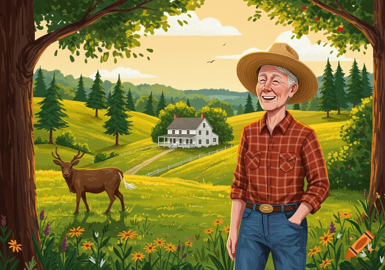 Illustration of a smiling elderly man in a straw hat and plaid shirt in a vibrant rural landscape with a farmhouse and deer.