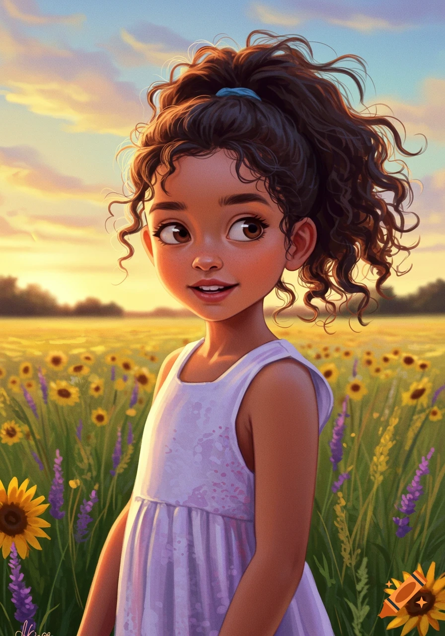 Digital art of a smiling girl with curly hair in a sunflower field at sunset.