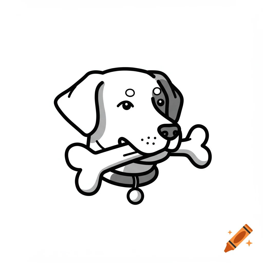 Simple black and white line art icon of a dog holding a bone in its mouth.