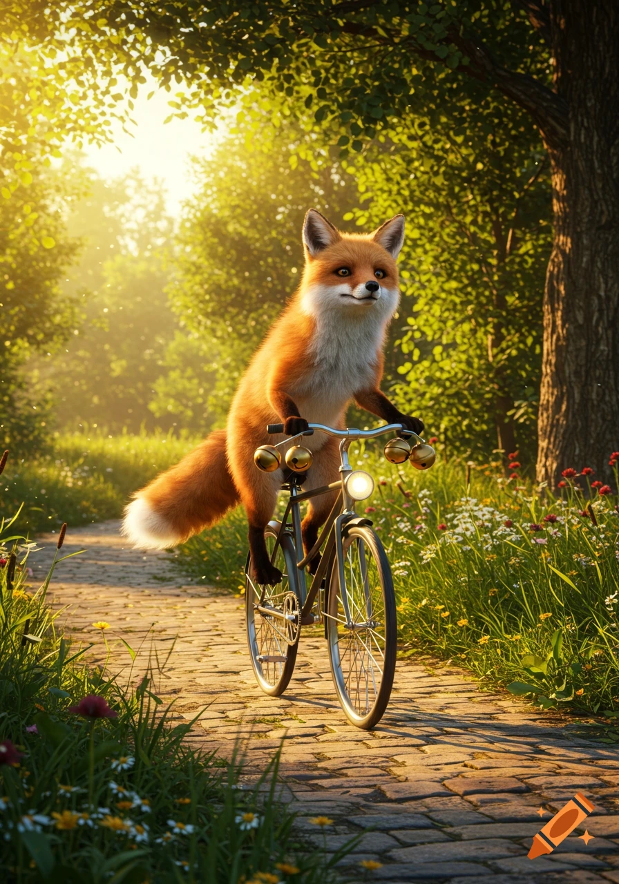 A cute red fox rides a bicycle with bells on a cobblestone path in a sun-dappled forest, whimsical and photorealistic.