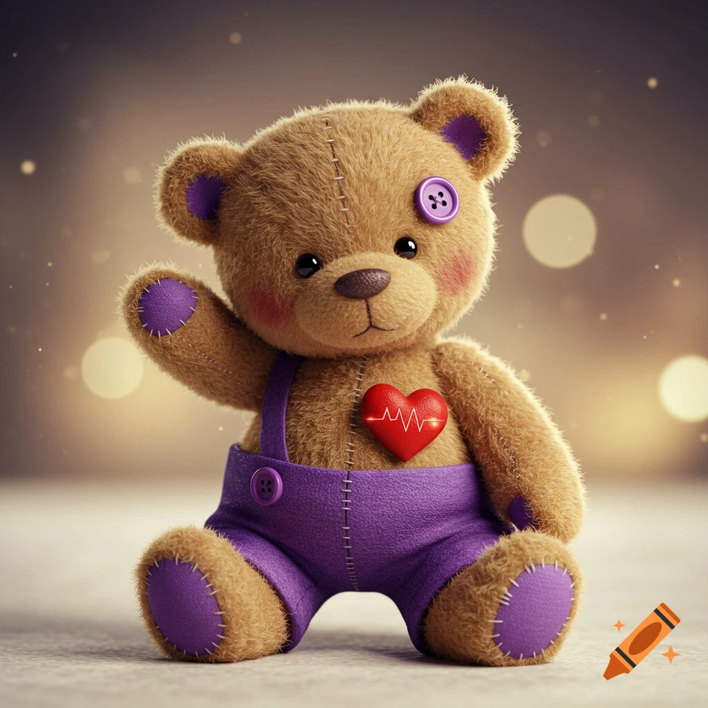 A cute fluffy brown teddy bear wearing purple overalls and buttons, with a red heart showing a heartbeat line on its chest, against a bokeh background.