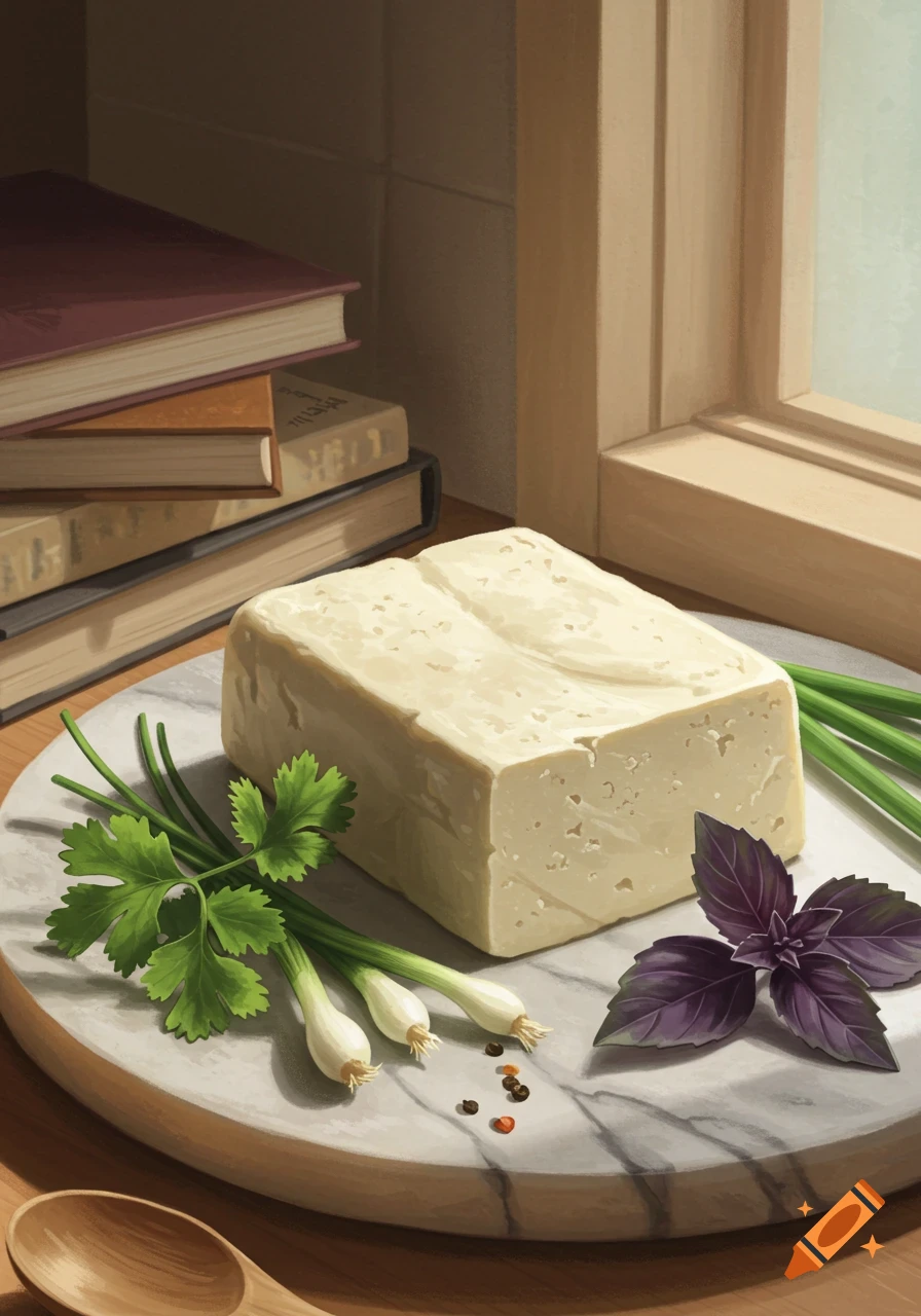 A block of tofu on a marble cutting board, surrounded by fresh green onions, parsley, purple basil, and peppercorns. Books and a window are in the background.