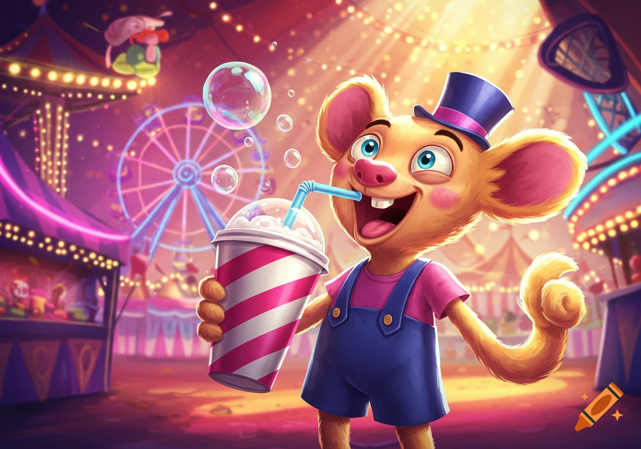A happy cartoon mouse-like character in a top hat drinks from a striped cup at a vibrant, brightly lit carnival with a Ferris wheel.